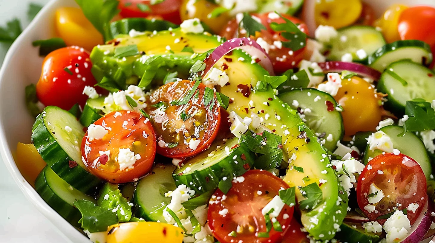 Avocado Salad With Tomato Eggs and Cucumber
