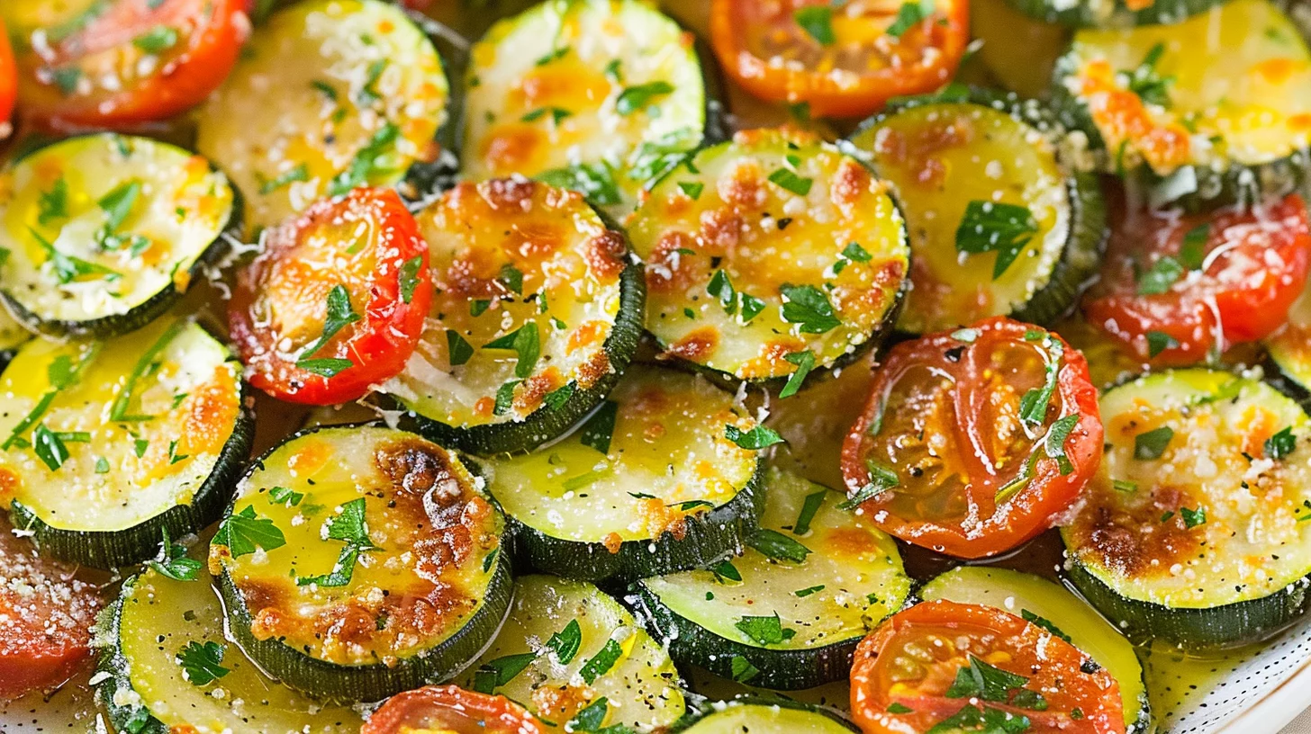 Roasted Garlic Parmesan Zucchini Squash and Tomatoes