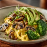 Scrambled Eggs with Sautéed Mushrooms, Broccoli & Avocado