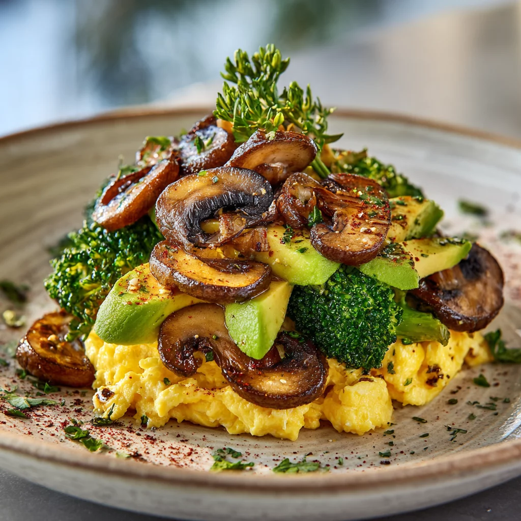 Scrambled Eggs with Sautéed Mushrooms, Broccoli & Avocado