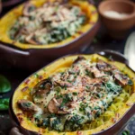 5 Minute Creamy Spinach and Mushroom Stuffed Spaghetti Squash