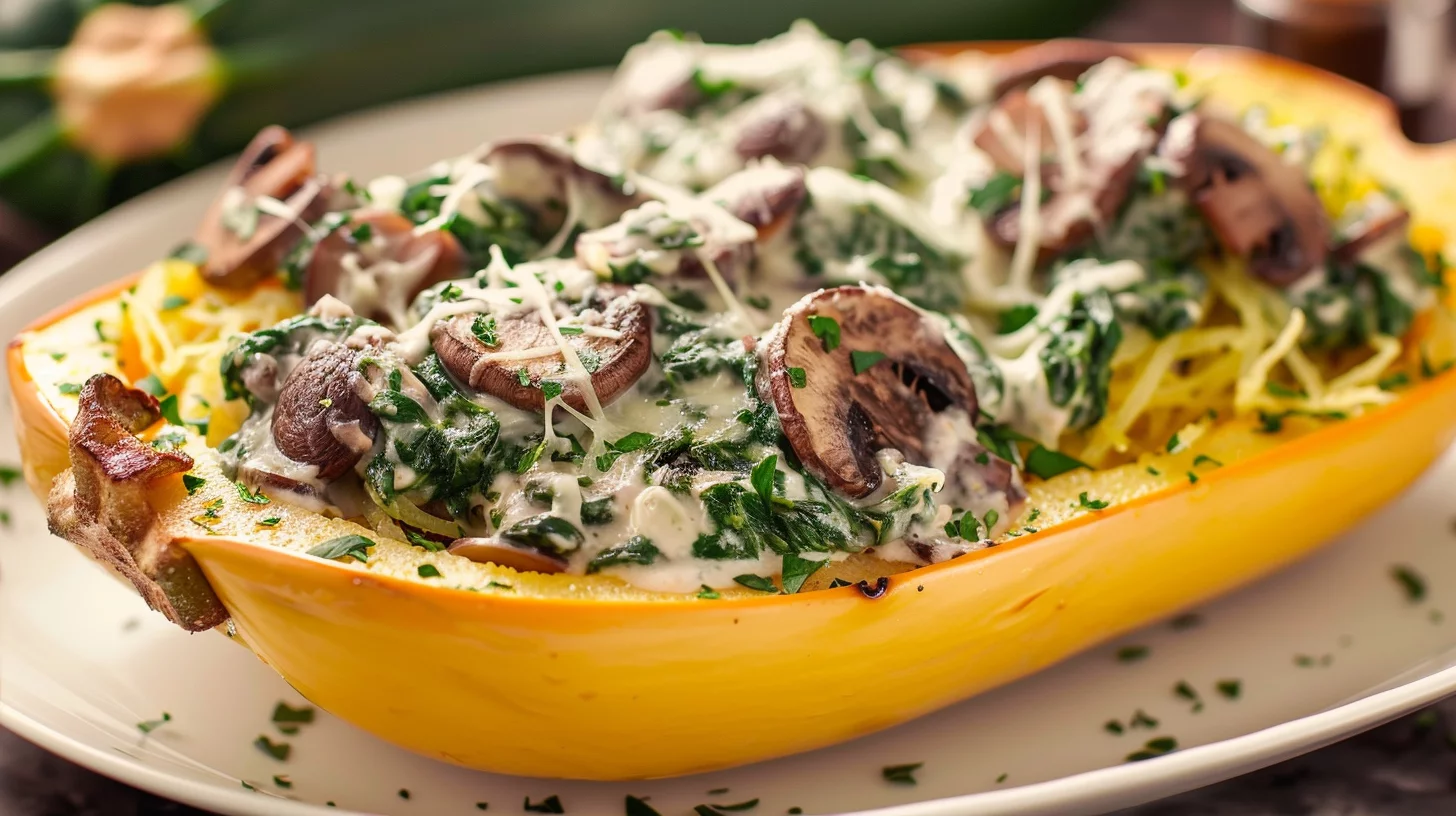 5 Minute Creamy Spinach and Mushroom Stuffed Spaghetti Squash