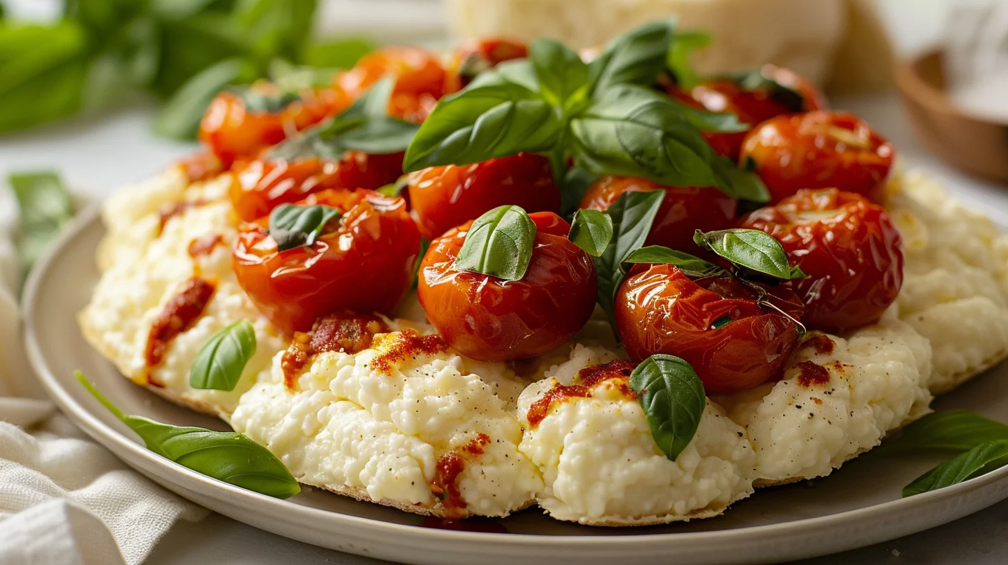 Cottage Cheese Cloud Bread Topped With Chili Crisp Tomatoes
