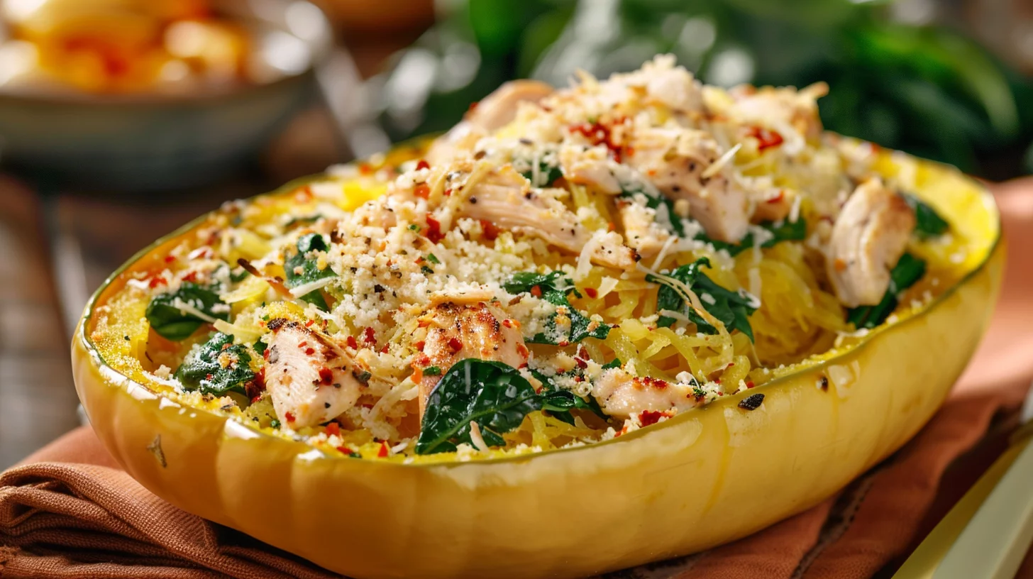 Garlic Parmesan Stuffed Spaghetti Squash W Chicken and Spinach