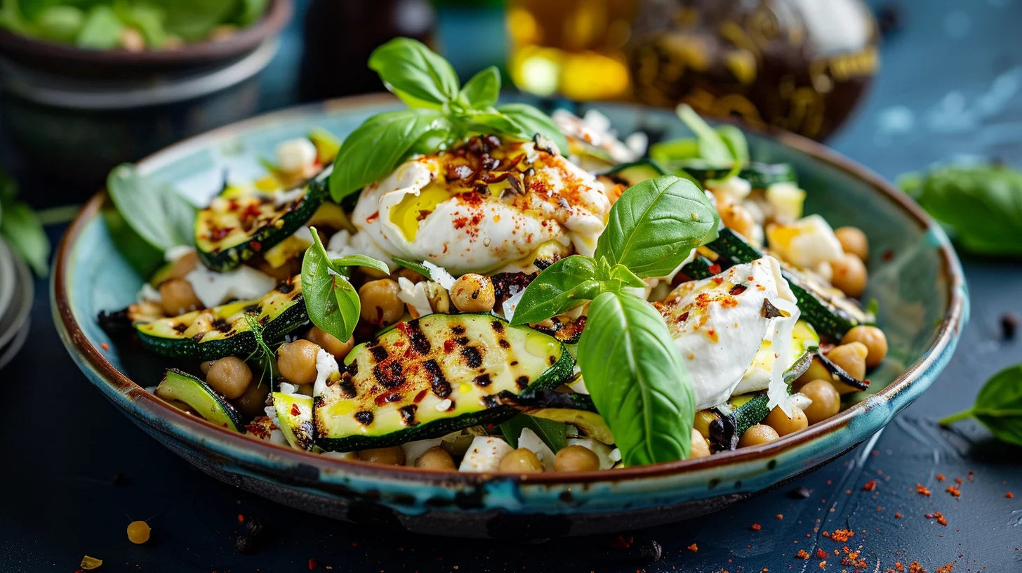Grilled Zucchini Chickpea Salad With Burrata and Chili Oil