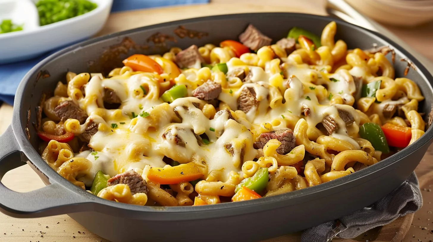 High Protein Philly Cheesesteak Mac and Cheese