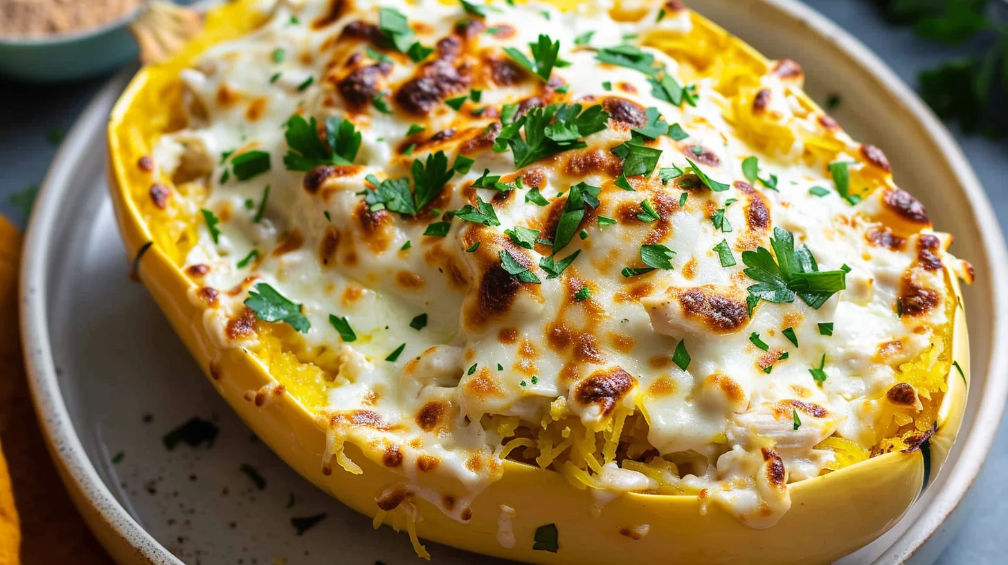 Skinny Chicken Alfredo Stuffed Spaghetti Squash