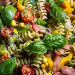 Summer Pasta Salad With Corn Bell Pepper Bacon and Creamy Pesto Dressing
