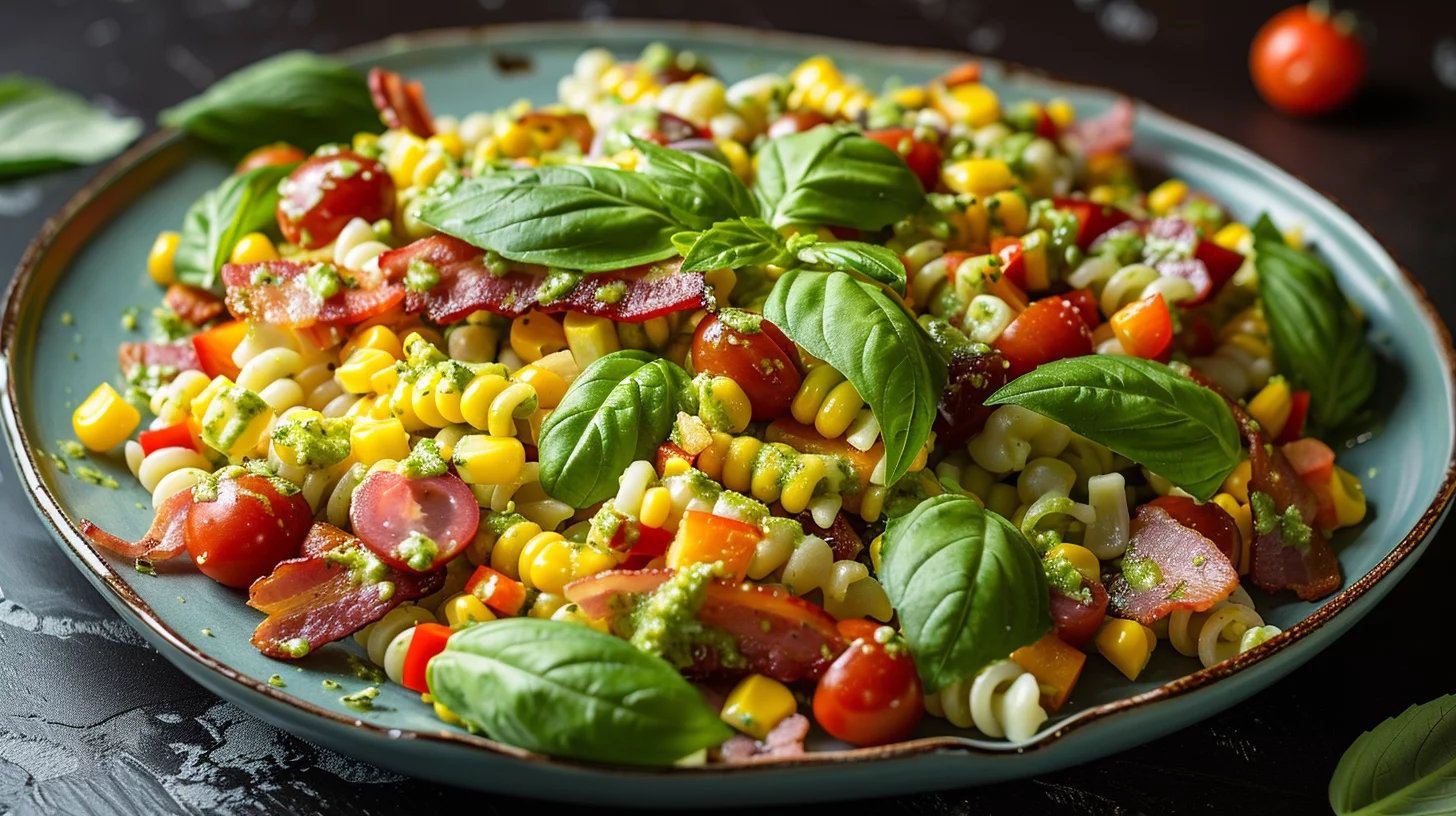 Summer Pasta Salad With Corn Bell Pepper Bacon and Creamy Pesto Dressing
