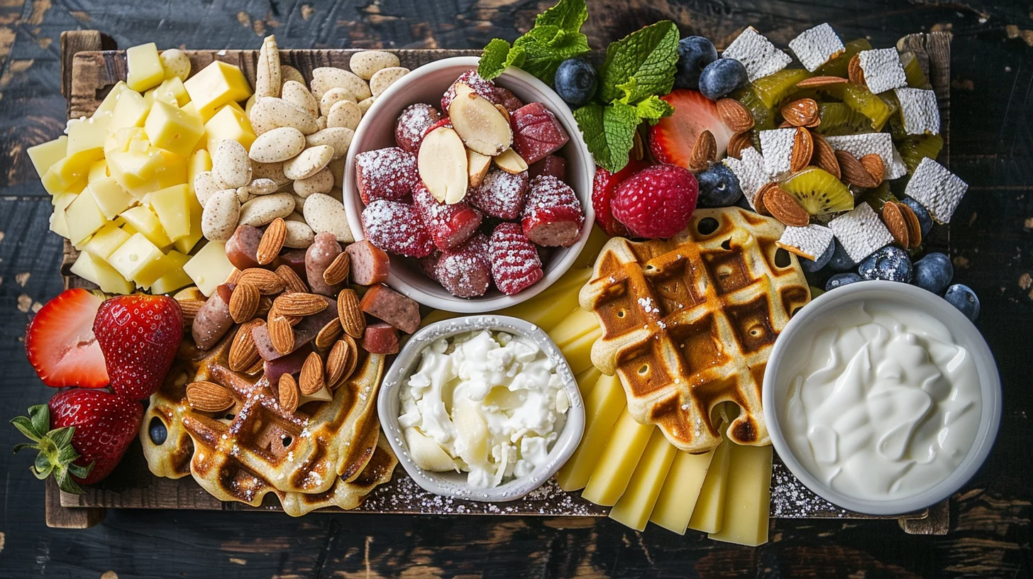Breakfast Charcuterie Board With Waffles and Fruit