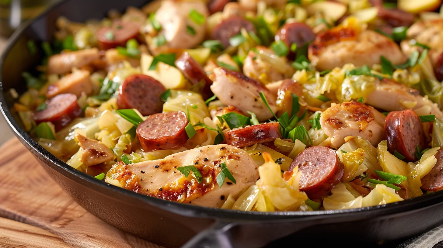 Chicken And Apple Sausage Skillet With Cabbage