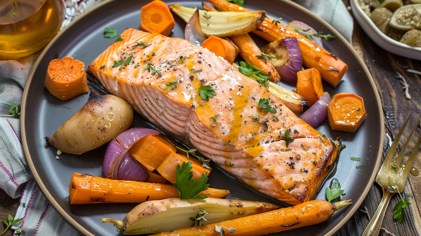 Cider Roasted Salmon And Root Veggies