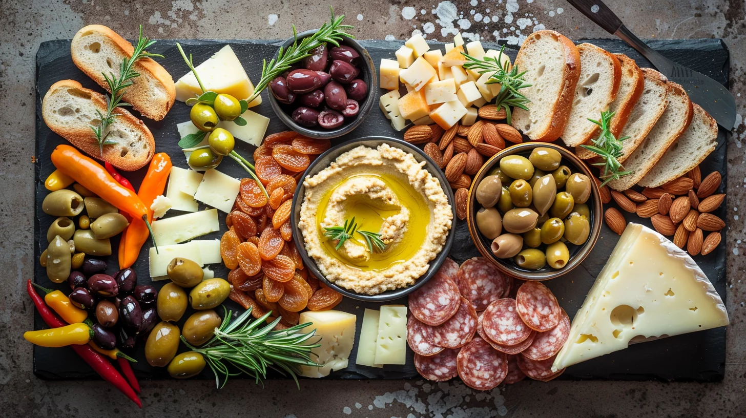 Mediterranean Charcuterie Board With Hummus and Olives