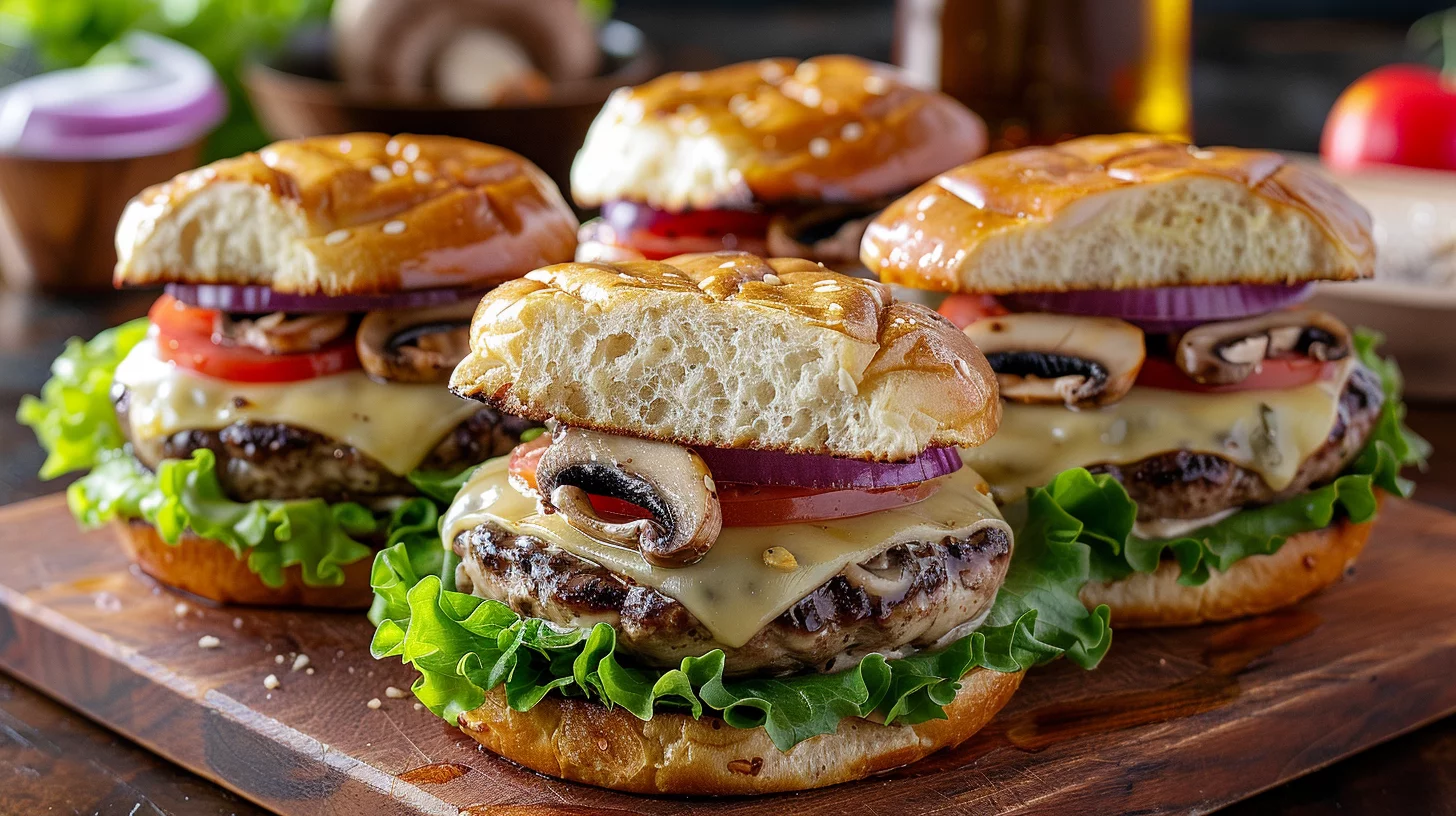 Roasted Garlic Mushroom And Swiss Turkey Burgers