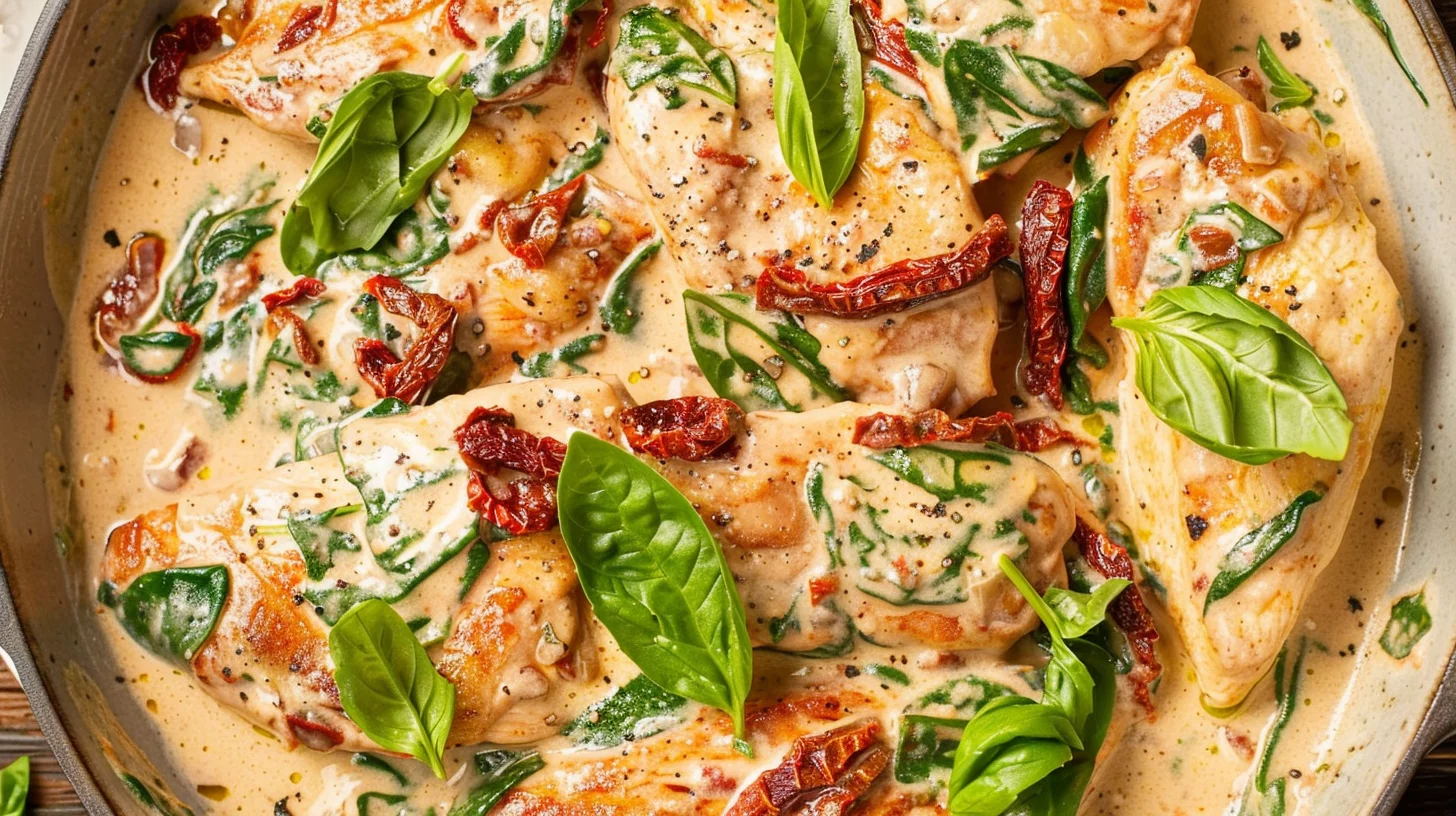 One Pan Creamy Sun Dried Tomato Chicken With Spinach