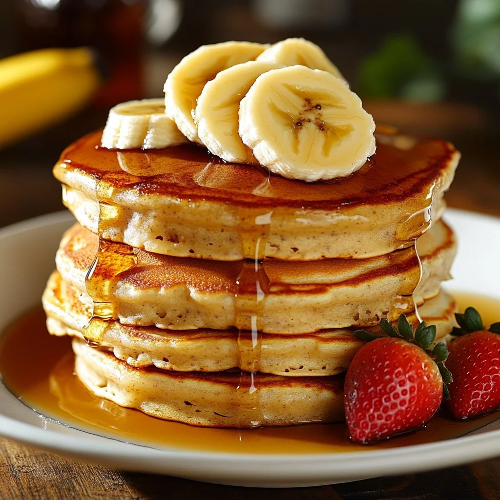 Three Ingredient Banana Oatmeal Pancakes stacked on a plate