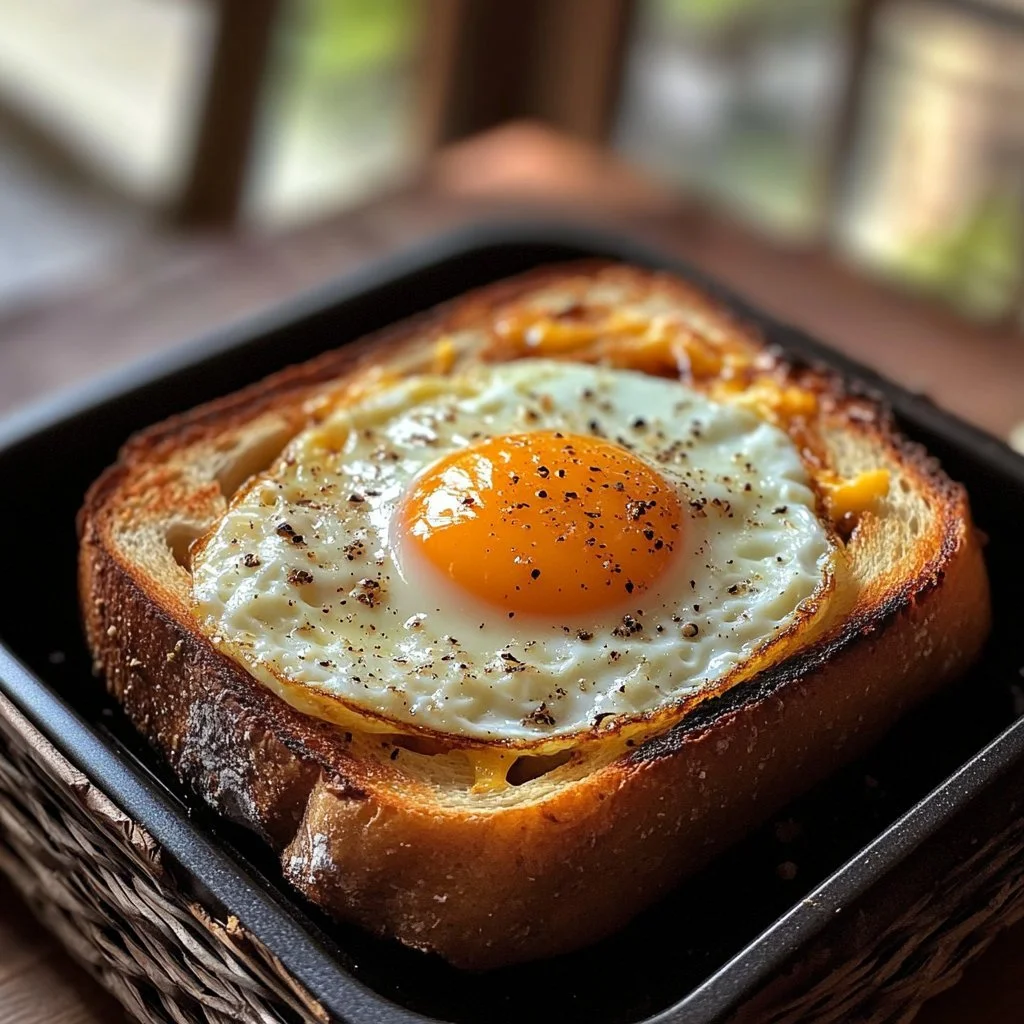Air fryer egg and cheese toast on a plate with fresh herbs.