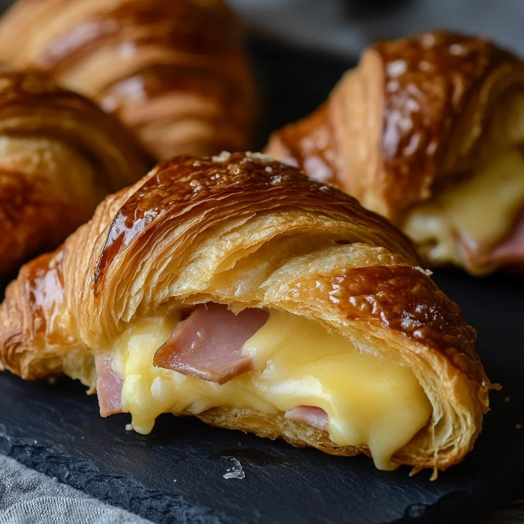 Golden Air Fryer ham cheese croissants with melted cheese and ham filling.