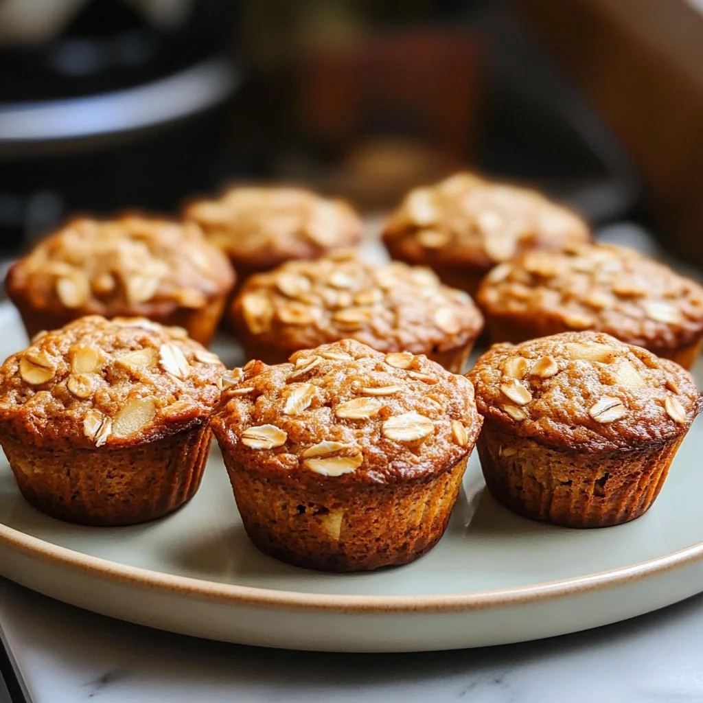 Freshly baked apple cinnamon oat muffins with a golden crust.