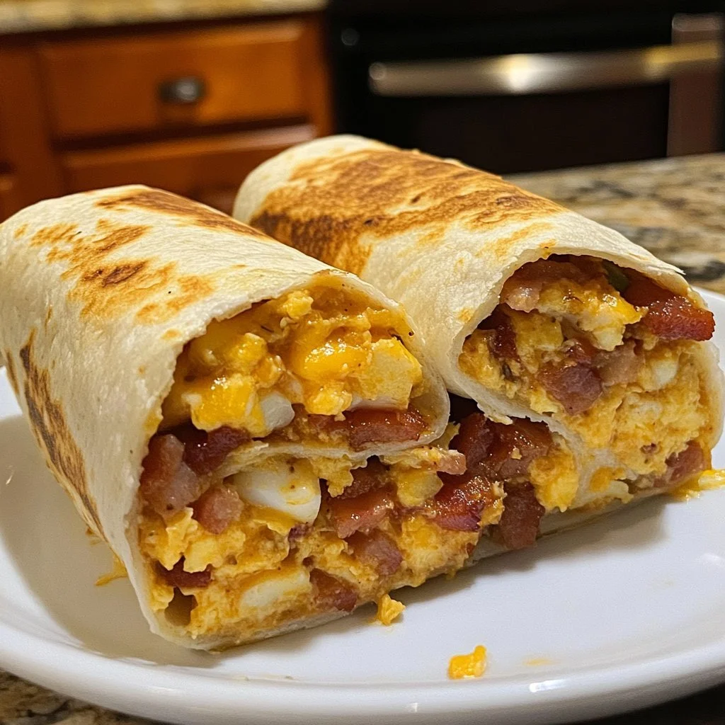 Bacon egg cheese breakfast burrito served on a plate