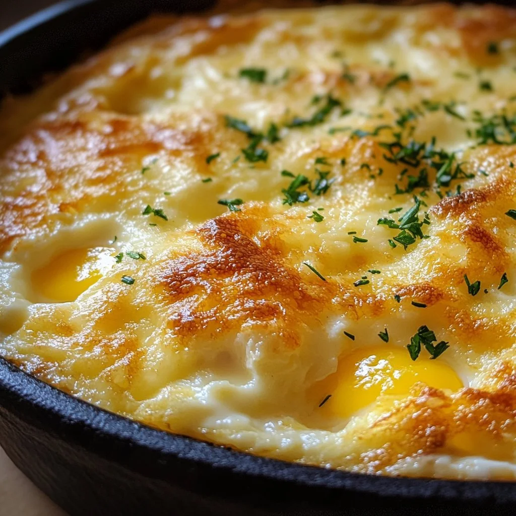 Baked cottage cheese eggs in a baking dish, healthy breakfast option.