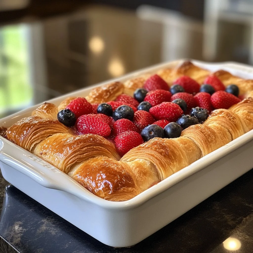Delicious Berry Croissant Bake topped with fresh berries.