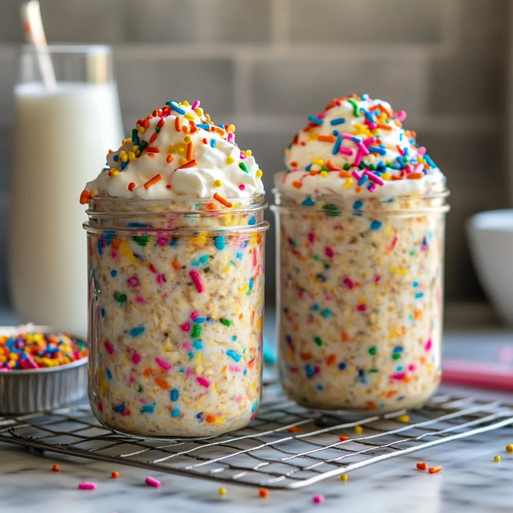 Delicious birthday cake overnight oats topped with sprinkles and fruit