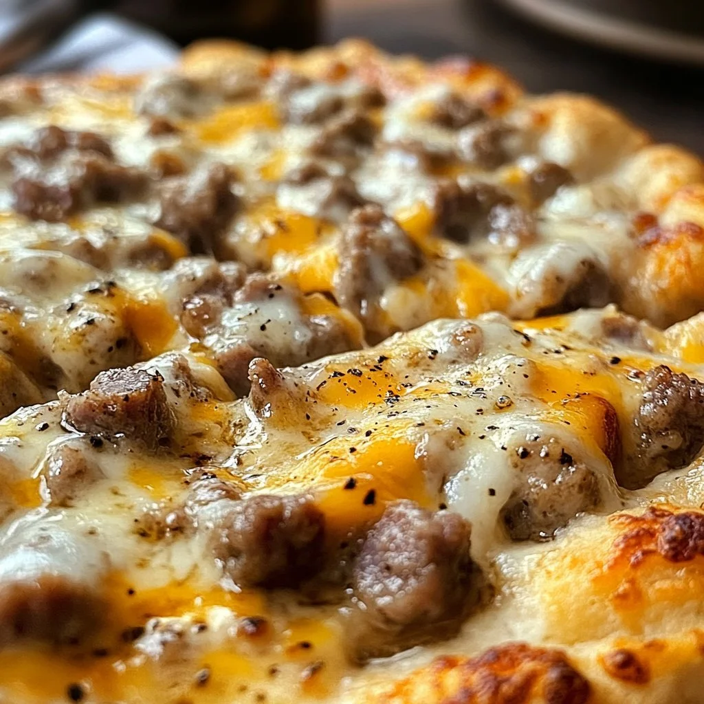 Biscuits and Sausage Gravy Breakfast Pizza topped with cheese and herbs