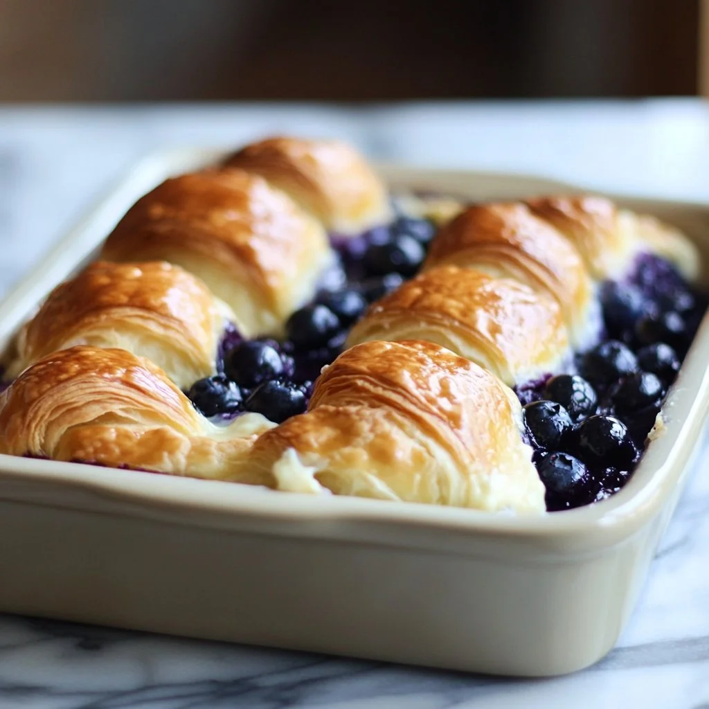 Delicious blueberry croissant casserole topped with cream cheese.