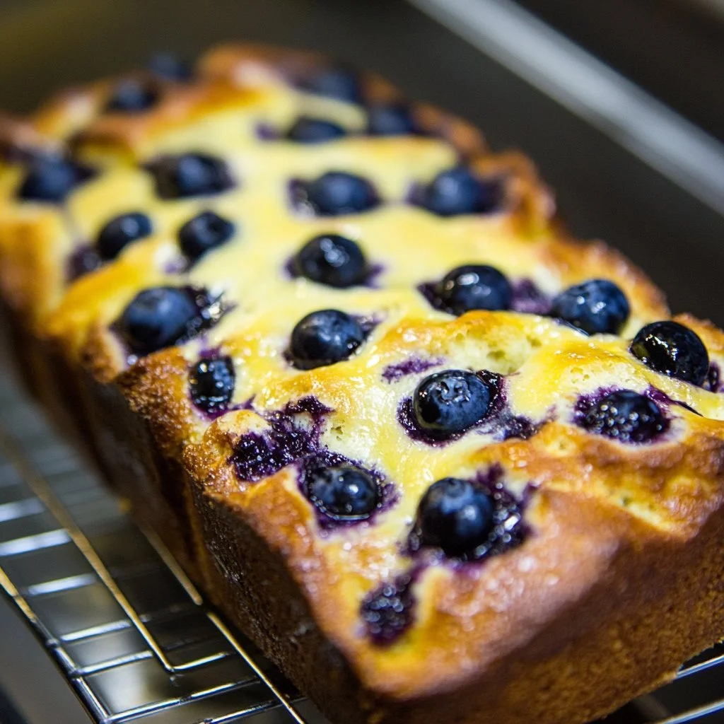 Freshly baked Blueberry Lemon Cream Cheese Sourdough Bread loaf with blueberries