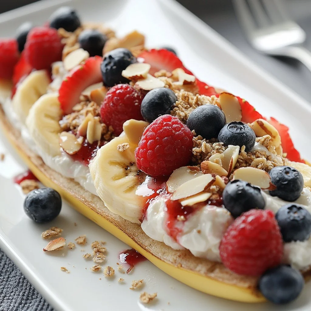 Delicious breakfast banana split with yogurt, fruits, and granola