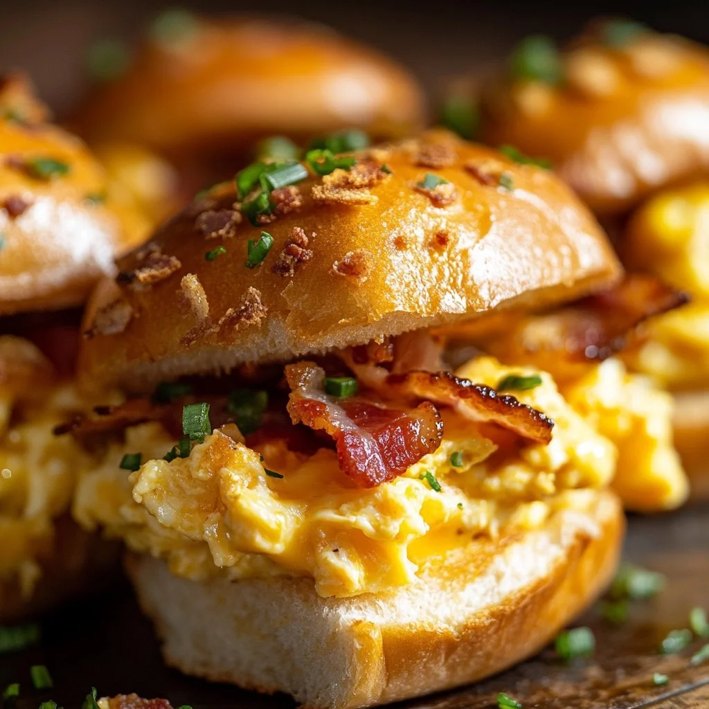 Delicious breakfast sliders with eggs, cheese, and bacon on a platter.