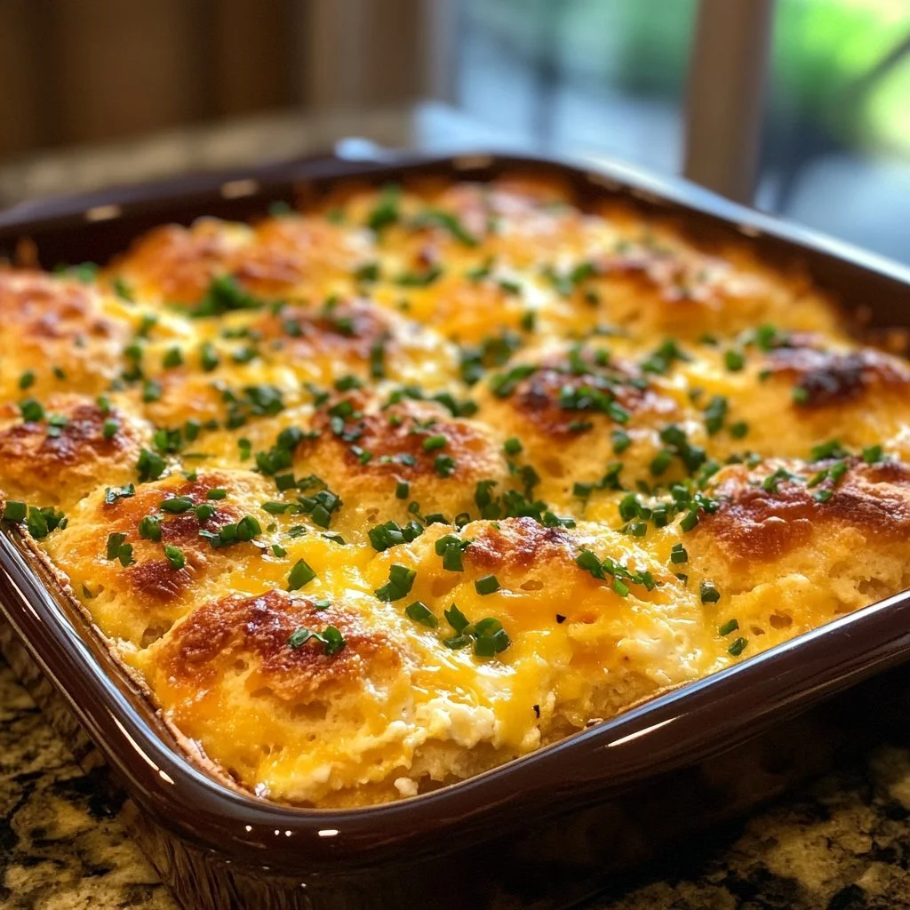 Cheddar Bay Biscuit Egg Breakfast Casserole fresh out of the oven