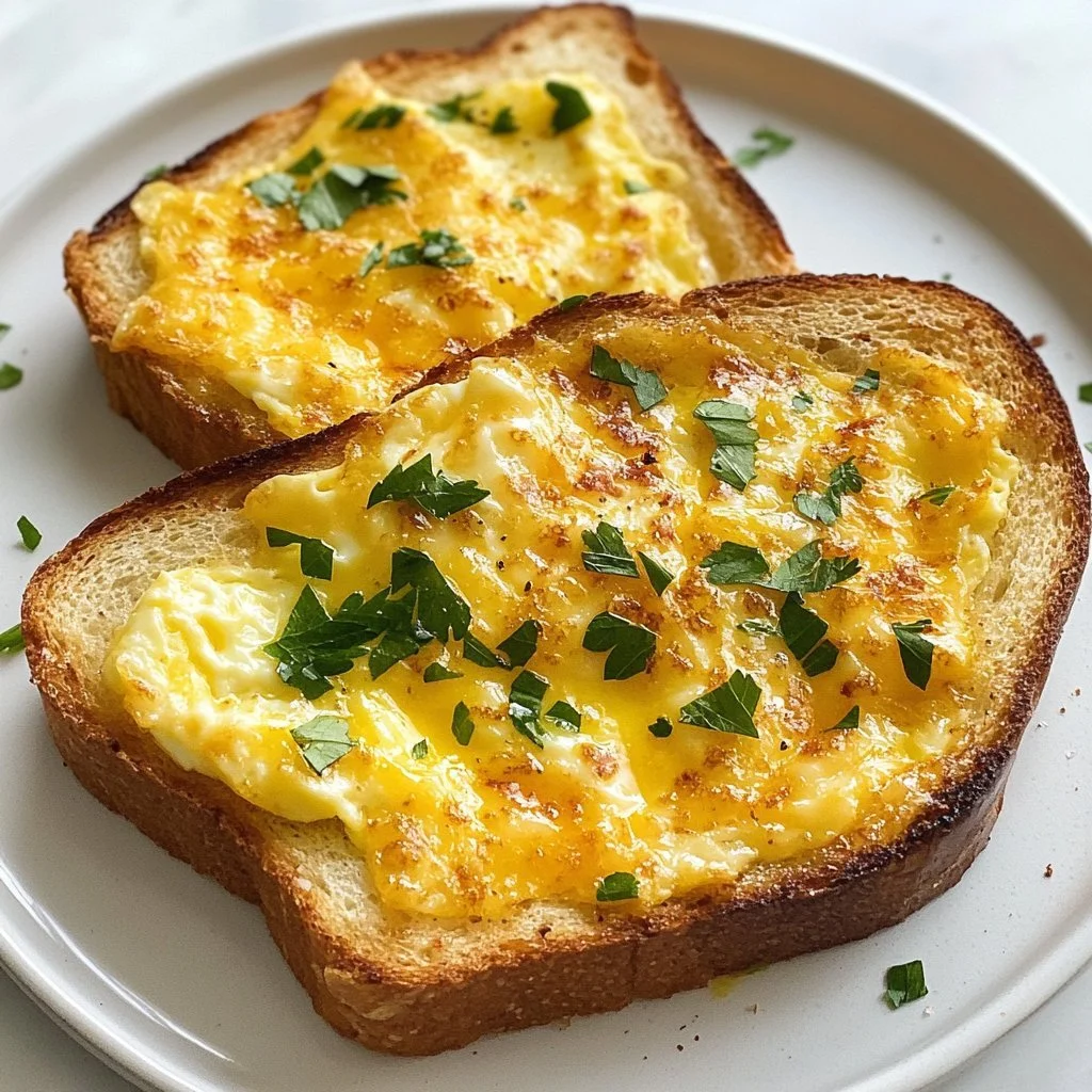Delicious cheesy egg toast served on a plate, perfect for breakfast.
