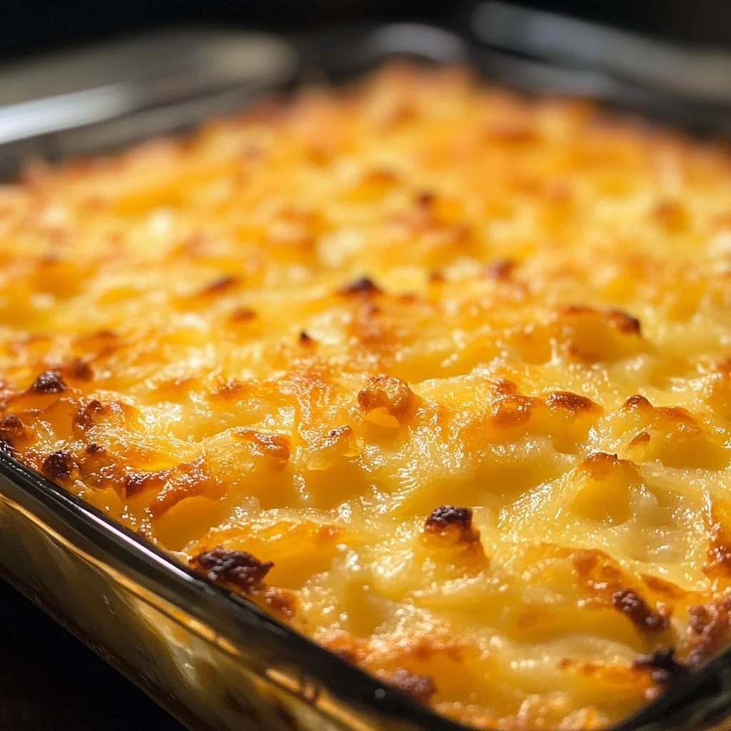 Cheesy Hash Brown Casserole topped with cheese and herbs in a baking dish