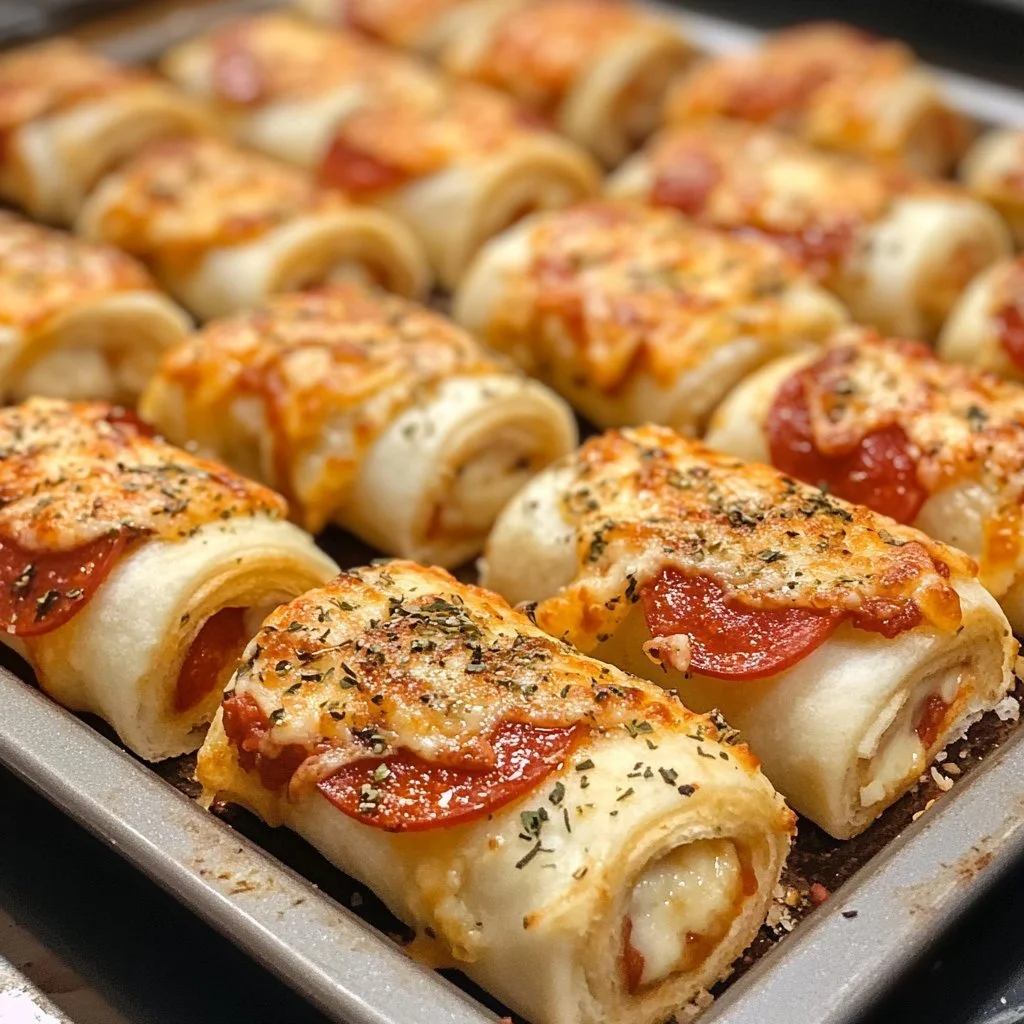 Cheesy pepperoni pizza roll-ups served on a plate with dipping sauce