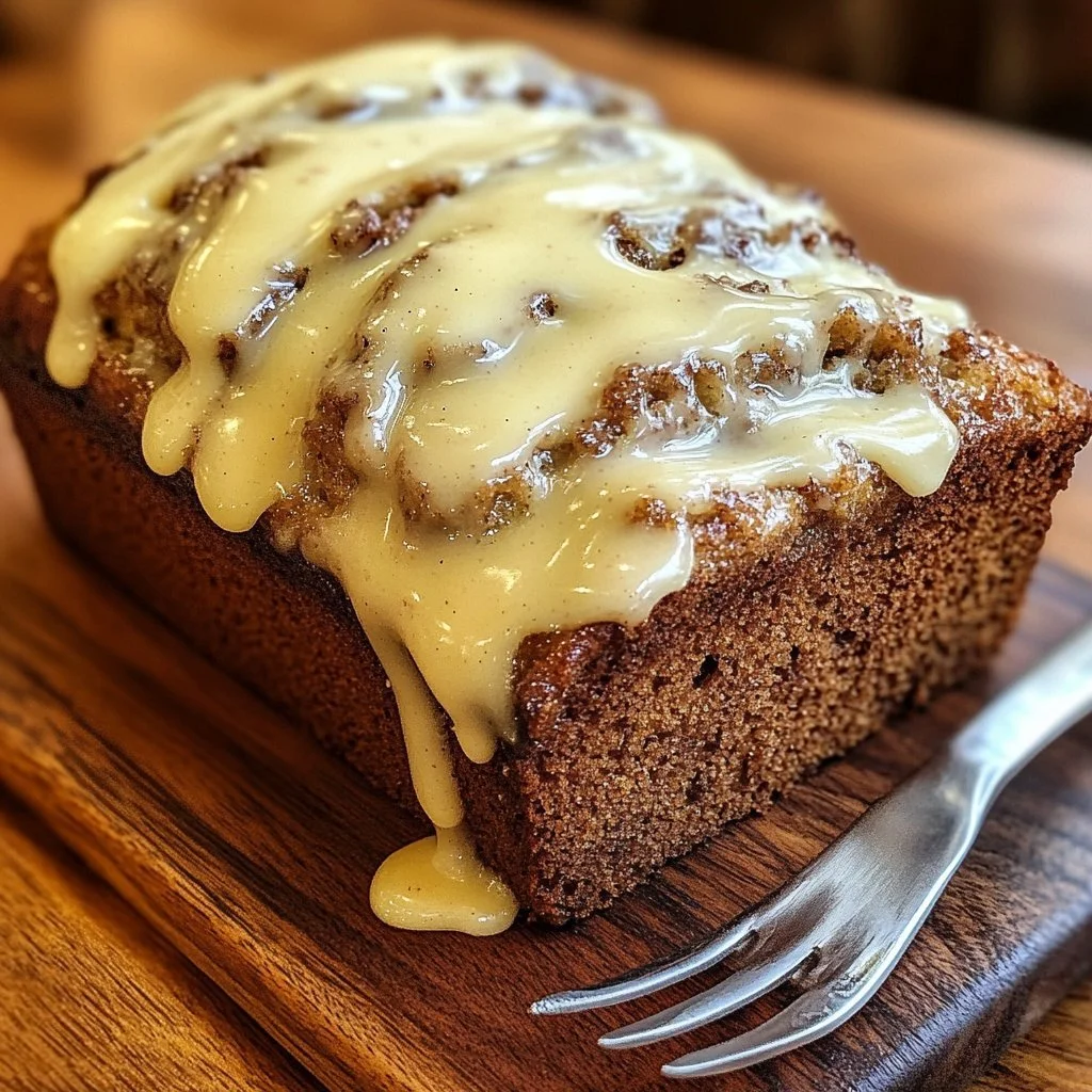 Cinnamon roll banana bread with creamy frosting and a swirl of cinnamon.
