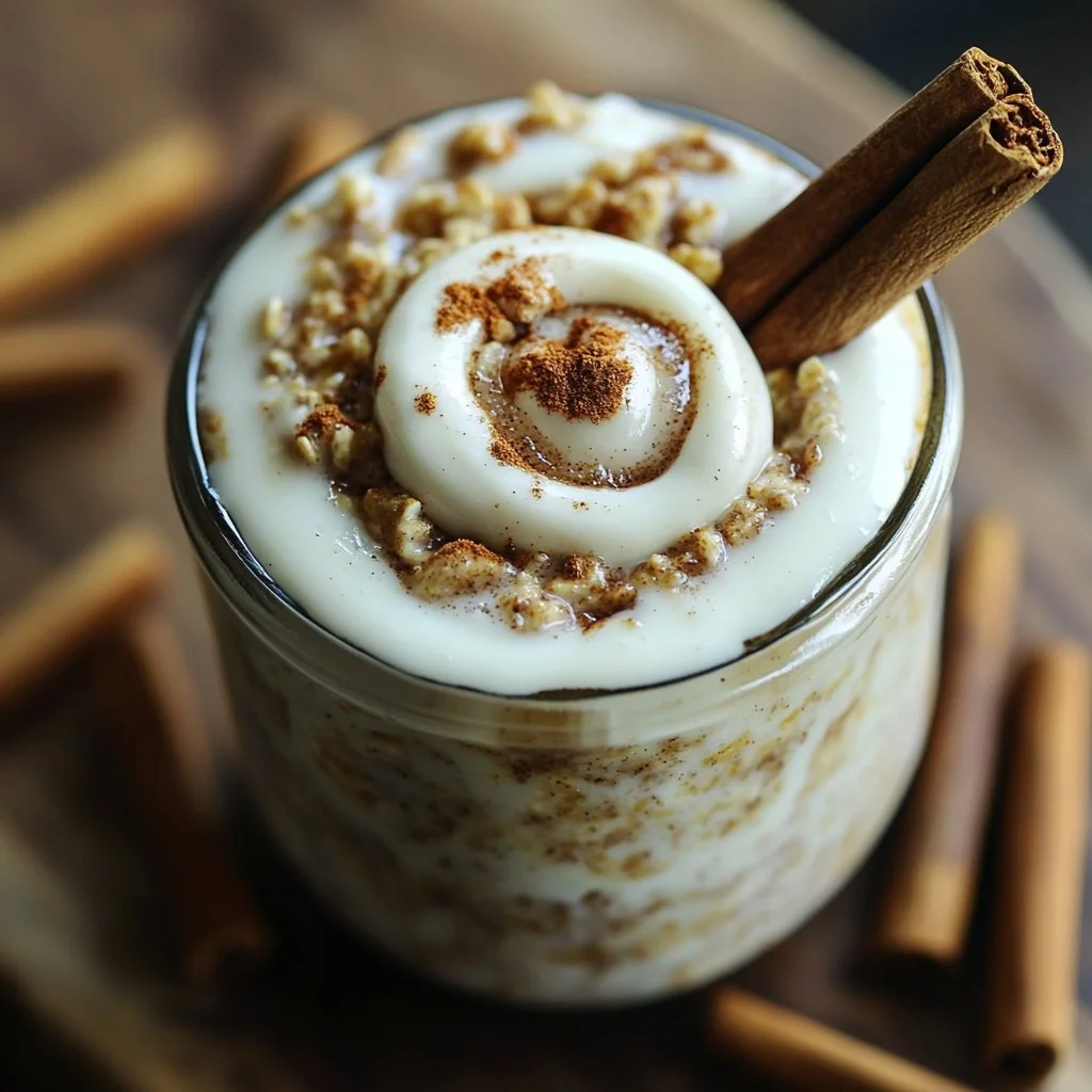 Cinnamon roll overnight oats topped with cinnamon and creamy icing