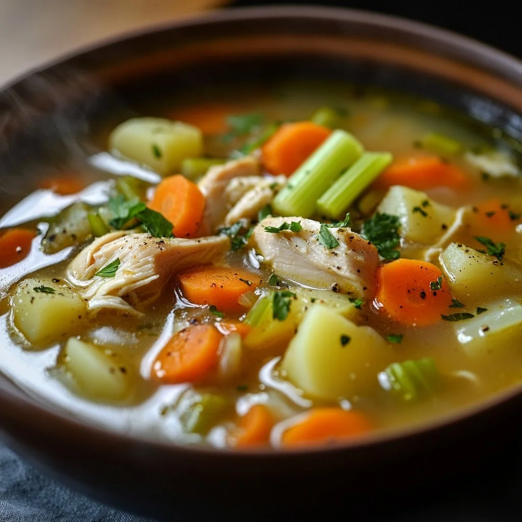 Bowl of comforting chicken soup with potatoes on a wooden table