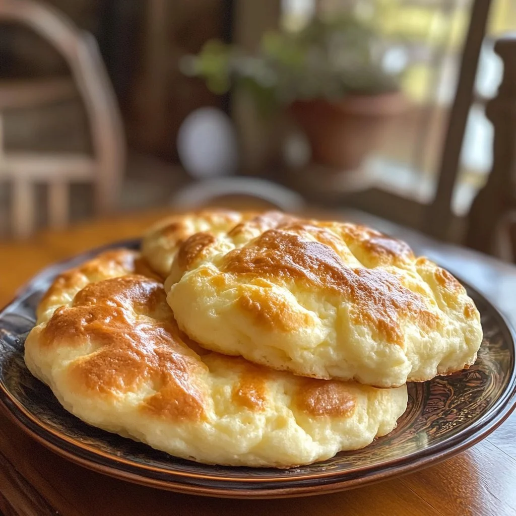 Fluffy cottage cheese cloud bread served on a plate