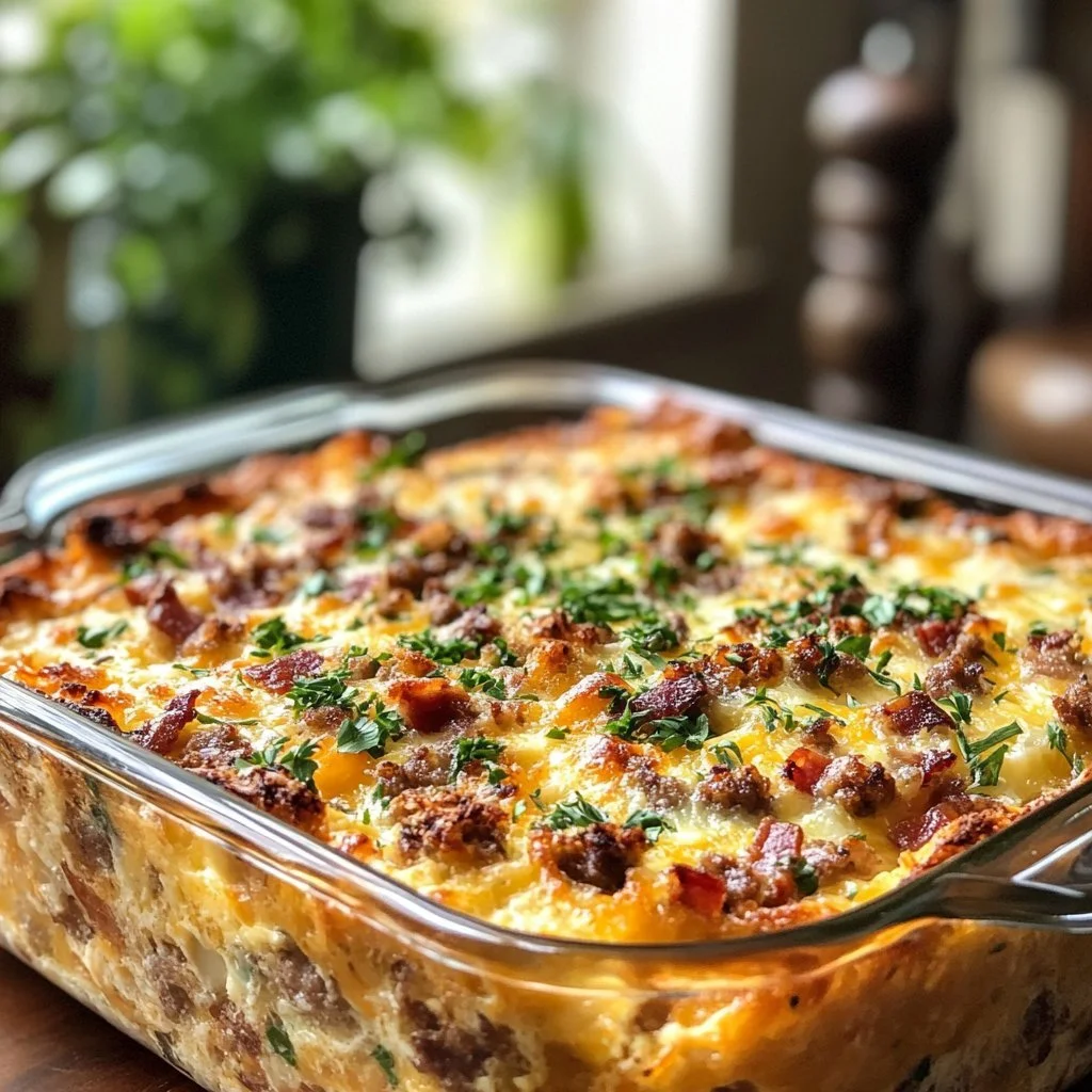 Delicious Crack Breakfast Casserole baked with eggs, cheese, and sausage