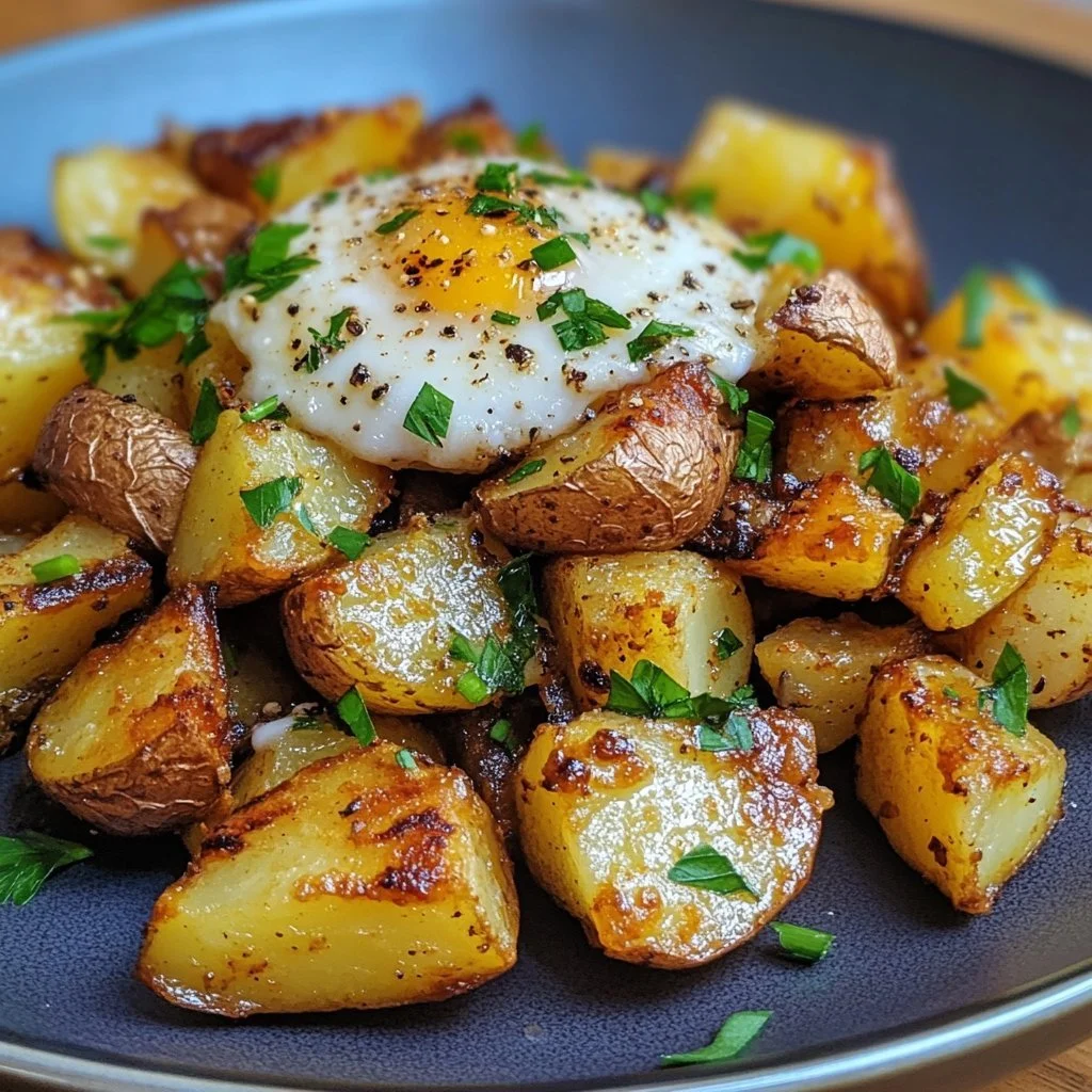 Crispy breakfast potatoes served on a plate with herbs.