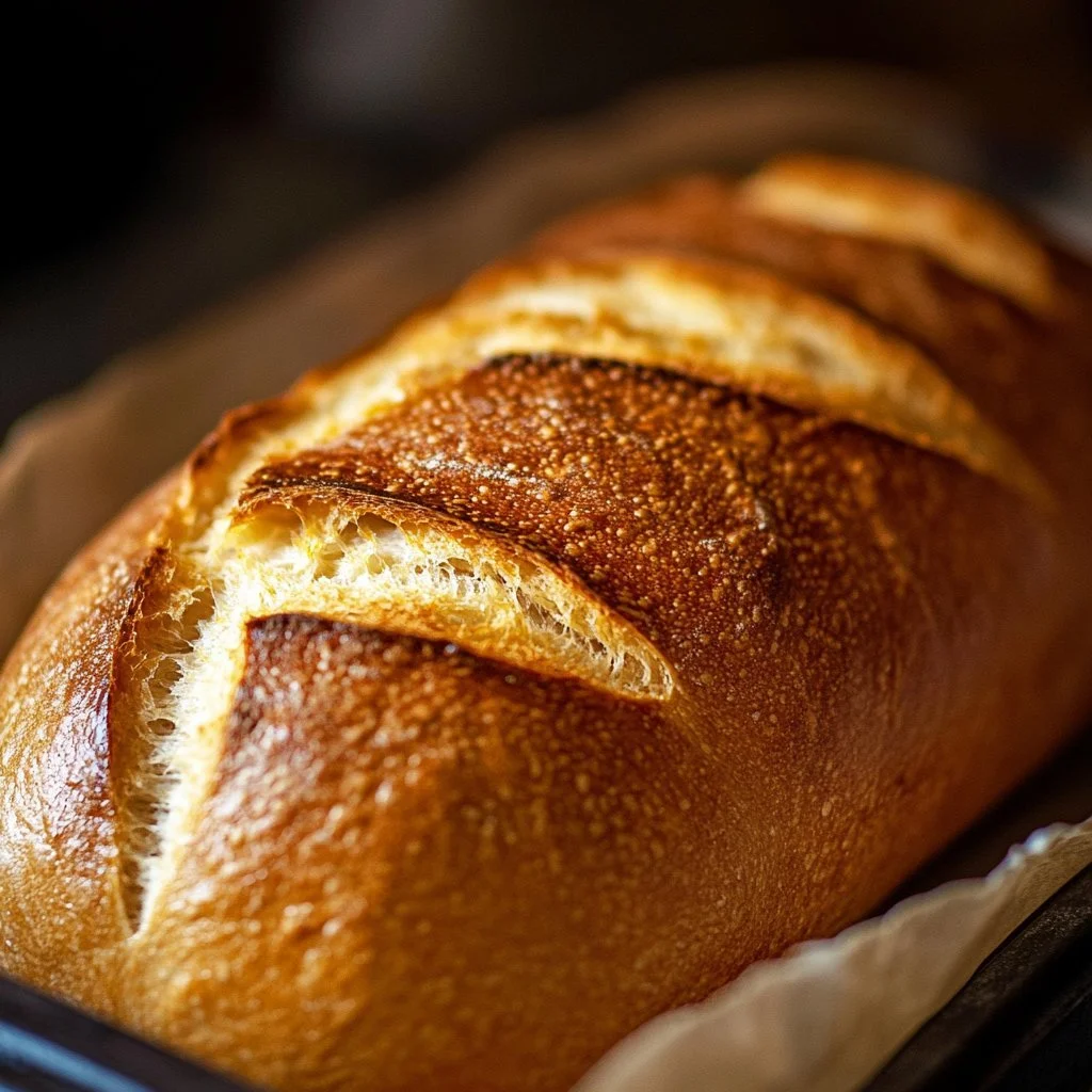 Freshly baked Crockpot Bread served on a wooden board