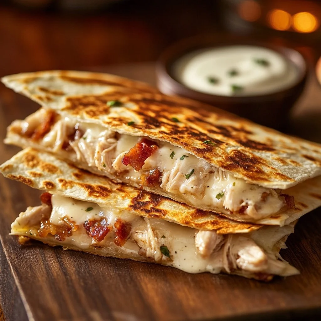 Delicious easy chicken bacon ranch quesadilla with cheese and crispy bacon