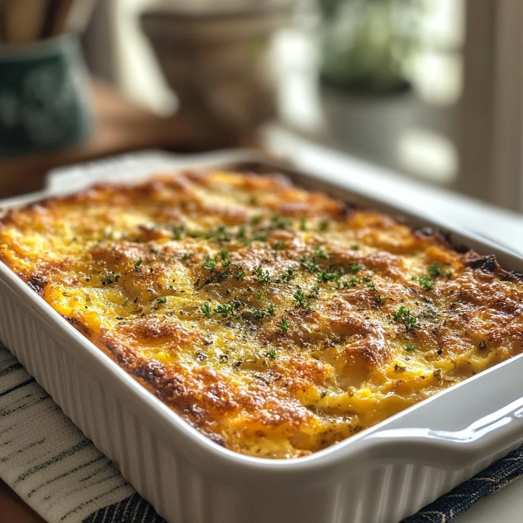 Delicious eggless breakfast casserole served on a plate with fresh vegetables.