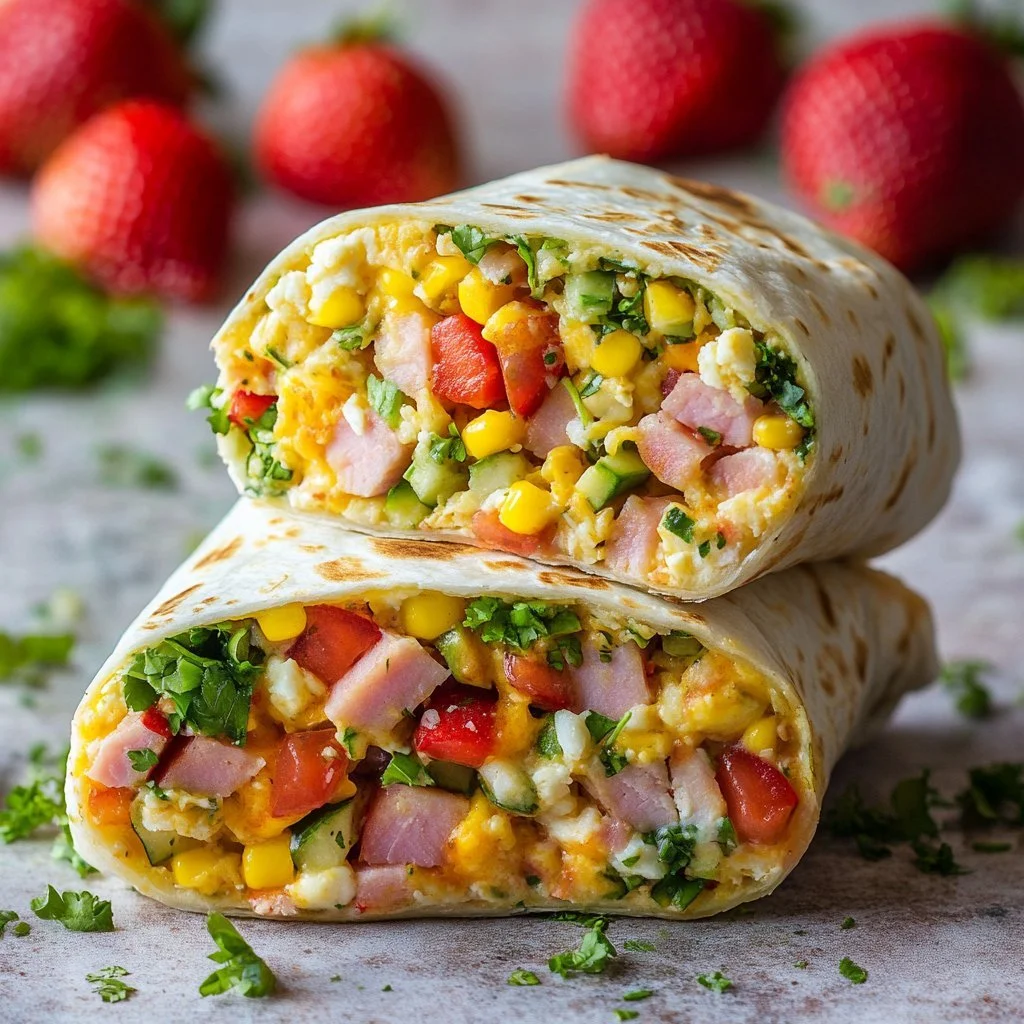 Easy eggless ham and vegetable breakfast burritos on a plate