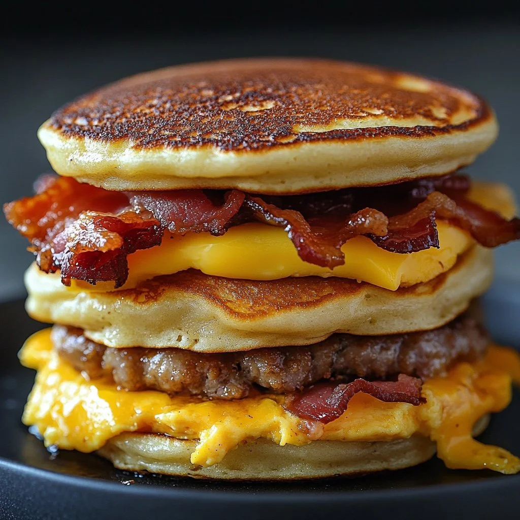 Homemade McGriddle breakfast sandwiches stacked with sausage and syrup