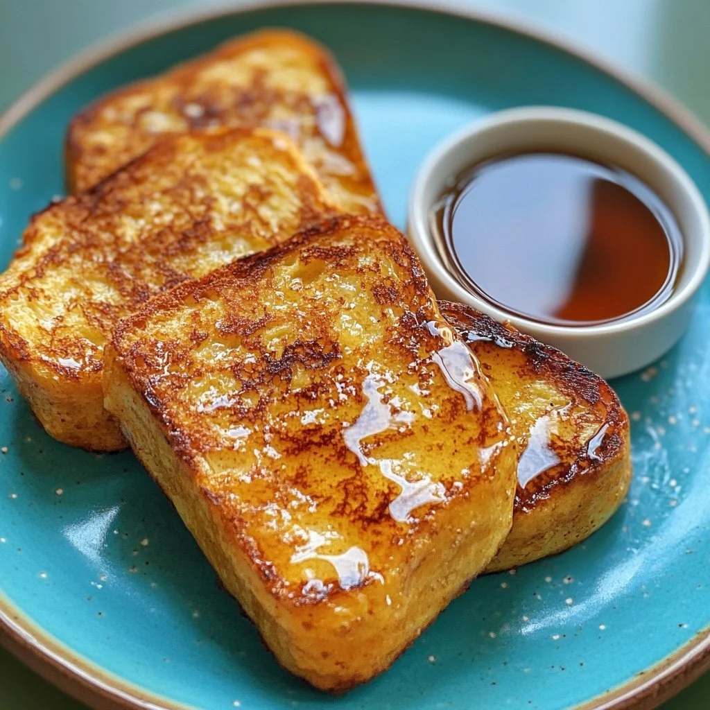 Delicious egg free French toast served with syrup and fresh berries.