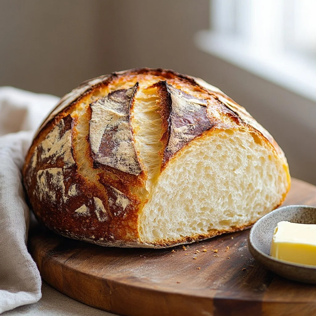 Loaf of fail-proof white bread fresh from the oven on a wooden cutting board