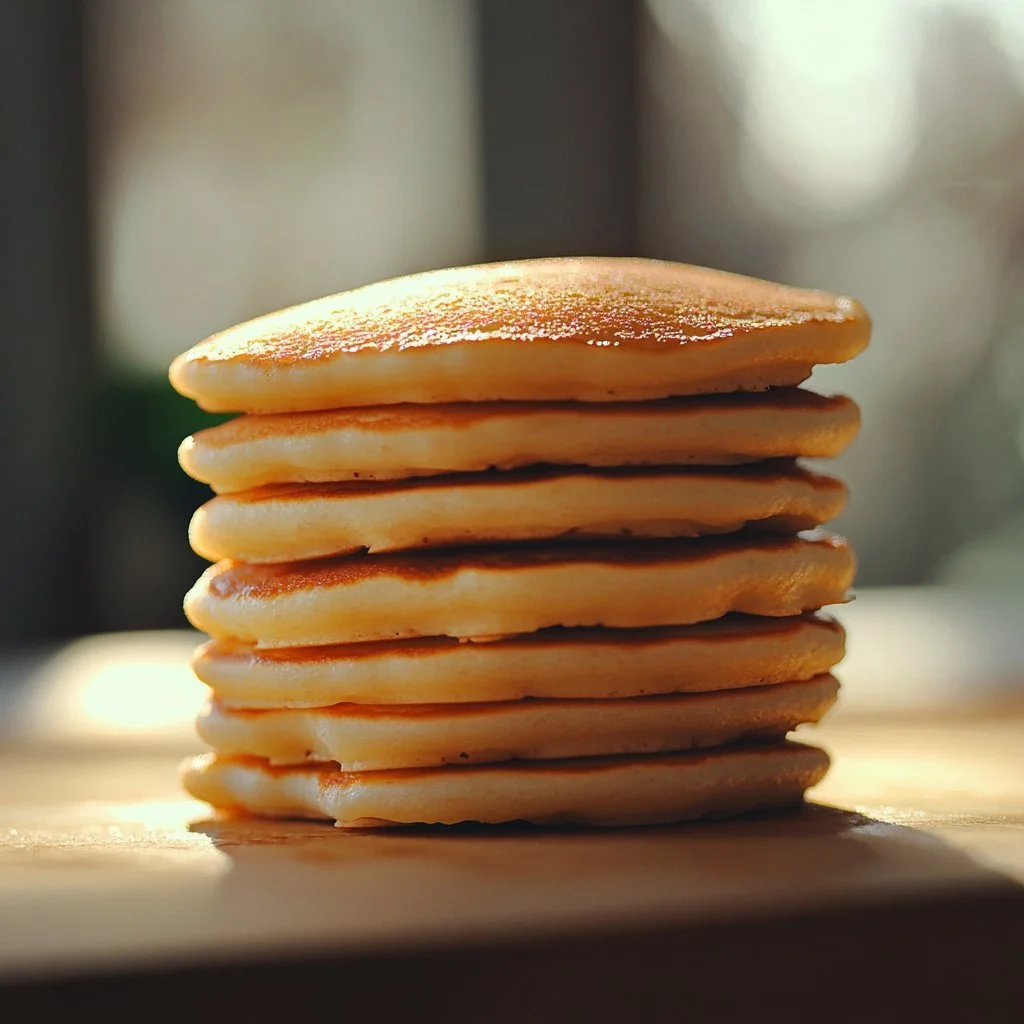 Fluffy egg-free pancakes served with syrup and berries